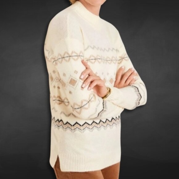 Talbots Petite Sweater Fair Isle Pattern Mock Neck Stretch Fabric Ivory W US XLP - Picture 1 of 9